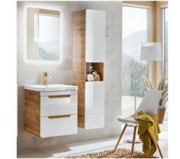 Impact Furniture Bathroom Cabinets Furniture Set 500mm Small Sink And Vanity With Tallboy Unit Wall Hung White Gloss Oak Effect Aruba