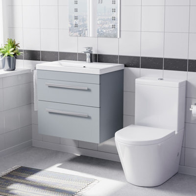 Nes Home Matte Grey 600mm Wall Hung 2 Drawer Vanity Unit & Close Coupled Toilet - image 1
