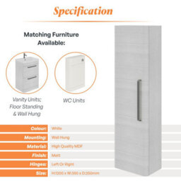 Plum&clay Emery Wall Hung Textured White Tall Bathroom Cabinet With Gun Grey Bar Handle (H)120Cm (W)35Cm - thumbnail 5