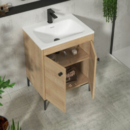 Royal Bathrooms Verona 600mm Natural Oak Floor Standing Vanity Unit 2 Door With Stone Basin & Matt Black Knob - thumbnail 5