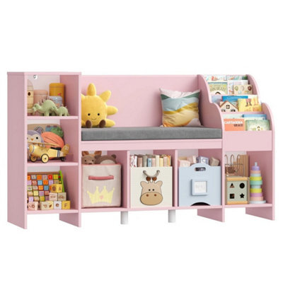 Pink Bookcase, 138.5 Cm Toy Storage Unit With Reading Nook Bench - image 1