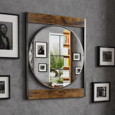 Artloge 63X76Cm Industrial Metal Wood Frame Wall Mirror Bathroom Living Room Decorative Mirror - image 1