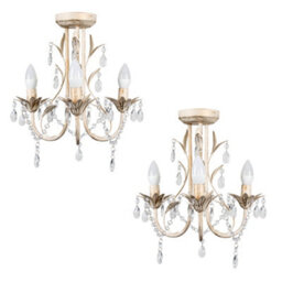 Valuelights Odelia Pair Of Traditional Style Distressed Cream Shabby Chic 3 Way Ceiling Light Chandeliers - thumbnail 1