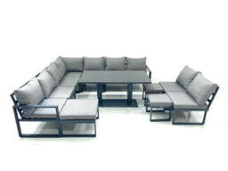 Fimous 12 Seater Outdoor Aluminum Garden Furniture Set Corner Sofa 3 Footstools Rising Lifting Dining Table Sets Dark Grey - thumbnail 1