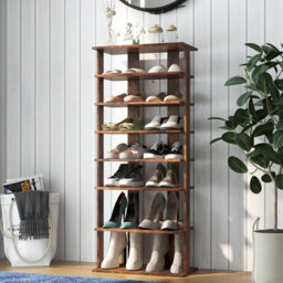 Costway 7 Tiers Double Shoe Rack Entryway Vertical Corner Shoe Stand For 14 Pairs-Brown - thumbnail 3