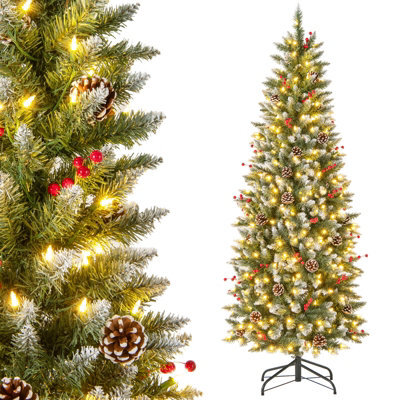 Costway 6 Ft Artificial Xmas Tree Pre-Lit Pencil Tree W/ 33 Natural Pine Cones - image 1