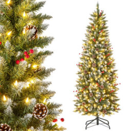 Costway 6 Ft Artificial Xmas Tree Pre-Lit Pencil Tree W/ 33 Natural Pine Cones