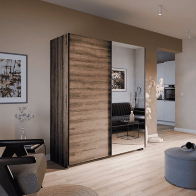 Arte Beta Contemporary Mirrored Sliding 2 Door Wardrobe 5 Shelves 1 Rail Monastery Oak Effect (H)1800mm (W)2100mm (D)600mm - image 1