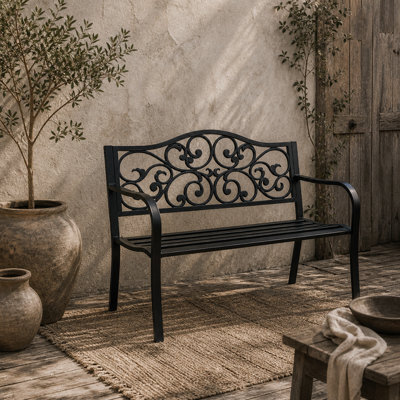 Wyld Haus Faneso Black Metal Garden Bench With Floral Backrest And Armrests, 2-Seater, L127 X D60 X H89Cm - image 1