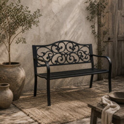 Wyld Haus Faneso Black Metal Garden Bench With Floral Backrest And Armrests, 2-Seater, L127 X D60 X H89Cm