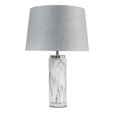 Lighting Supermarket Cylinder Grey Marble Effect Table Lamp With Grey Linen Shade - image 1