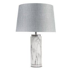Lighting Supermarket Cylinder Grey Marble Effect Table Lamp With Grey Linen Shade - thumbnail 1