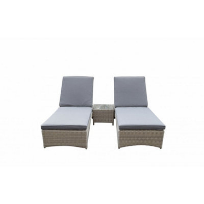 Signature Weave Meghan Wicker 2 X Sun Lounger Bed Chair Set & Drinks Table Grey
