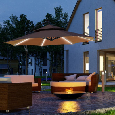 Outsunny 3(M) Cantilever Parasol Hanging Banana Umbrella W/ Lights, Coffee - image 1