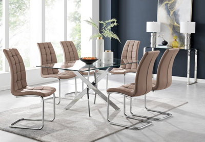 Furniturebox Uk Leonardo Glass And Chrome Metal Dining Table And 6 Cappuccino Beige Murano Faux Leather Chairs - image 1