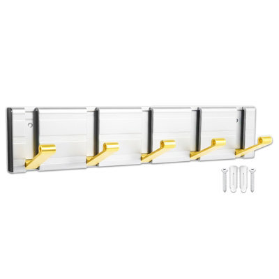 Spares2Go Luxury Wall Mounted Coat Rack 5 Hooks Aluminium Retractable Hanging Hook Rail (Silver + Gold) - image 1