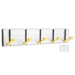 Spares2Go Luxury Wall Mounted Coat Rack 5 Hooks Aluminium Retractable Hanging Hook Rail (Silver + Gold)