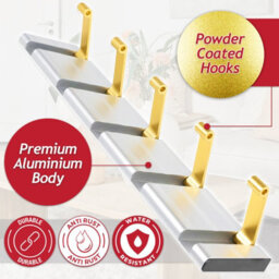 Spares2Go Luxury Wall Mounted Coat Rack 5 Hooks Aluminium Retractable Hanging Hook Rail (Silver + Gold) - thumbnail 4