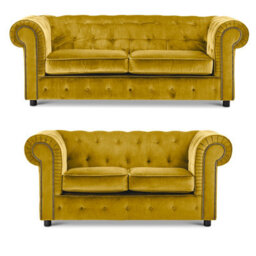 Furnishings For Less UK Ashbourne Chesterfield Tumeric Velvet Fabric Sofa Suite 3 Seater And 2 Seater Studded Design - thumbnail 1