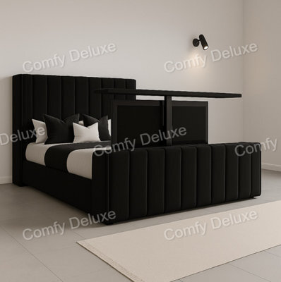 Comfy Deluxe 4Ft6 Double  Black Plush Tv Bed Frame Only