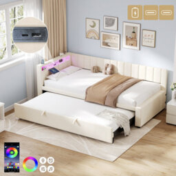 Matteo 3Ft Single Velvet Daybed With Pull-Out Trundle, Rgb Led & Charging Station - Beige - thumbnail 1