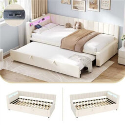 Matteo 3Ft Single Velvet Daybed With Pull-Out Trundle, Rgb Led & Charging Station - Beige - thumbnail 2