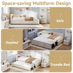 Matteo 3Ft Single Velvet Daybed With Pull-Out Trundle, Rgb Led & Charging Station - Beige - thumbnail 8