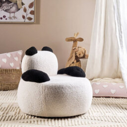 Wyld And Coco Panda-Shaped Kids Armchair White And Black Bouclé With Armrests, Compact Rubberwood Base (W58 X D58 X H53Cm) - thumbnail 1