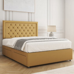 Bsspoke Nova Divan Bed Set In Mustard Plush Velvet With 24Inch Headboard & 2 Drawers Footend & Mattress In 4Ft 4Ft6 5Ft 6Ft - thumbnail 3