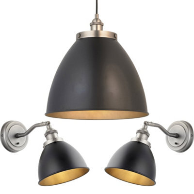 Loops Ceiling Pendant & 2X Matching Wall Light - Matt Black Aged Pewter Finish - image 1