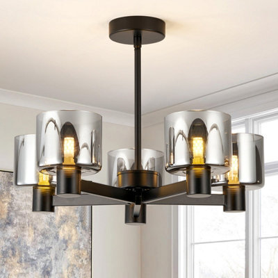 Harper Living Modern 5 Lights Chandeliers Ceiling Light, Semi Flush Ceiling Lamp With Smoked Glass Shades, Matt Black - image 1