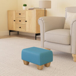 Lapis Blue Natural Wood Chunky Legs Faux Leather Small Footstool  Handmade Uk By Footstools Direct