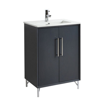 Homestylestore Anthracite 610mm Bathroom Vanity Unit With Basin And Chrome T Bar Handle - image 1