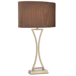 Britalia Bropo4175 Antique Brass Modern Concave Curved Table Lamp With Brown Oval Micro Pleat Shade 53Cm