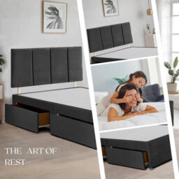 Black Plush Fabric 6Ft Super King Bed Frame With 20 Inch Vertical Line Headboard And 2 Drawers - thumbnail 3