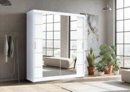 Fhif Dallas Gold  203Cm White Sliding Door Wardrobe Modern Bedroom Storage With Full Length Mirror Shelves And Hanging Rails
