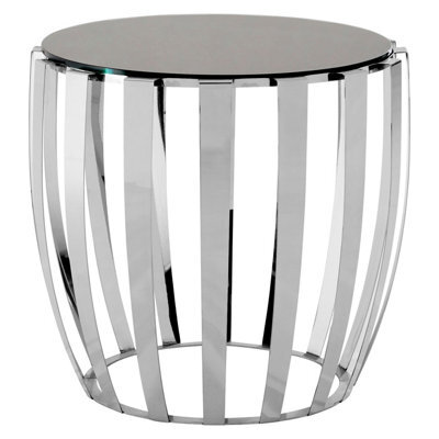 Orsina Luxurious Silver Finish Bedside Table, Distinctive Small Round Table With Black Glass Top, Modern Side Table - image 1