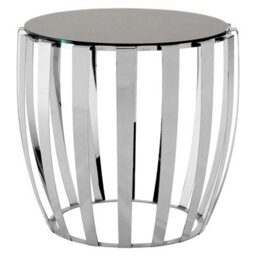 Orsina Luxurious Silver Finish Bedside Table, Distinctive Small Round Table With Black Glass Top, Modern Side Table