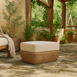 Wyld Haus Sardinia Natural Rattan Outdoor Footstool With Beige Cushion - thumbnail 1