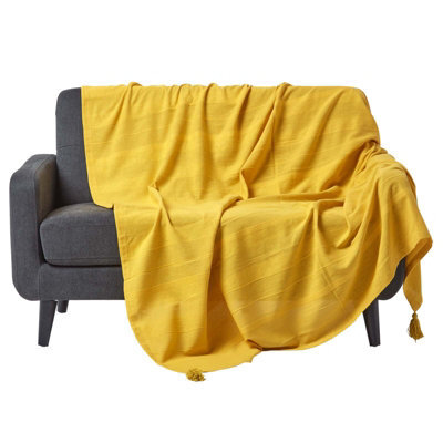 Homescapes Cotton Rajput Ribbed Yellow Throw, 150 X 200 Cm - image 1