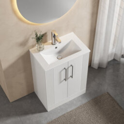 Balterley Belvide Partial Fluted 2 Door Floor Standing Vanity Unit With 1 Tap Hole Minimalist Basin - 600mm - Satin White - thumbnail 3