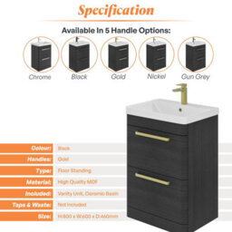 Plum&clay Emery Textured Black Floor Standing Bathroom Vanity Unit & Basin Set With Gold Handles (W)60Cm (H)86Cm - thumbnail 5
