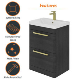 Plum&clay Emery Textured Black Floor Standing Bathroom Vanity Unit & Basin Set With Gold Handles (W)60Cm (H)86Cm - thumbnail 6