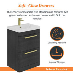 Plum&clay Emery Textured Black Floor Standing Bathroom Vanity Unit & Basin Set With Gold Handles (W)60Cm (H)86Cm - thumbnail 4