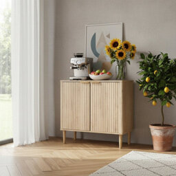 Living And Home Modern Natural Wood Sideboard With Double Doors And Adjustable Interior, 80Cm W X 38Cm D X 78.5Cm H - thumbnail 1