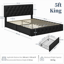 Yaheetech Faux Leather Bed Frame With Adjustable Headboard And 2 Drawers Storage - Black / King - thumbnail 4