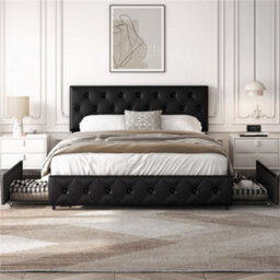 Yaheetech Faux Leather Bed Frame With Adjustable Headboard And 2 Drawers Storage - Black / King - thumbnail 2