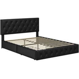 Yaheetech Faux Leather Bed Frame With Adjustable Headboard And 2 Drawers Storage - Black / King - thumbnail 3
