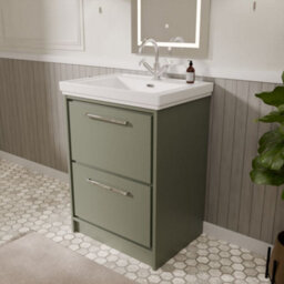 Balterley Longnor Modern Bathroom Floor Standing 2-Drawer Vanity Unit With Fireclay Basin, Fern Green, 600mm - thumbnail 4