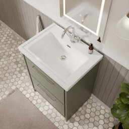 Balterley Longnor Modern Bathroom Floor Standing 2-Drawer Vanity Unit With Fireclay Basin, Fern Green, 600mm - thumbnail 3